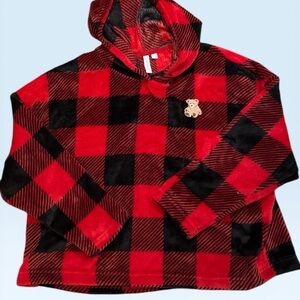 Womans Red & Black Buffalo Plaid Hooded Fleece Top